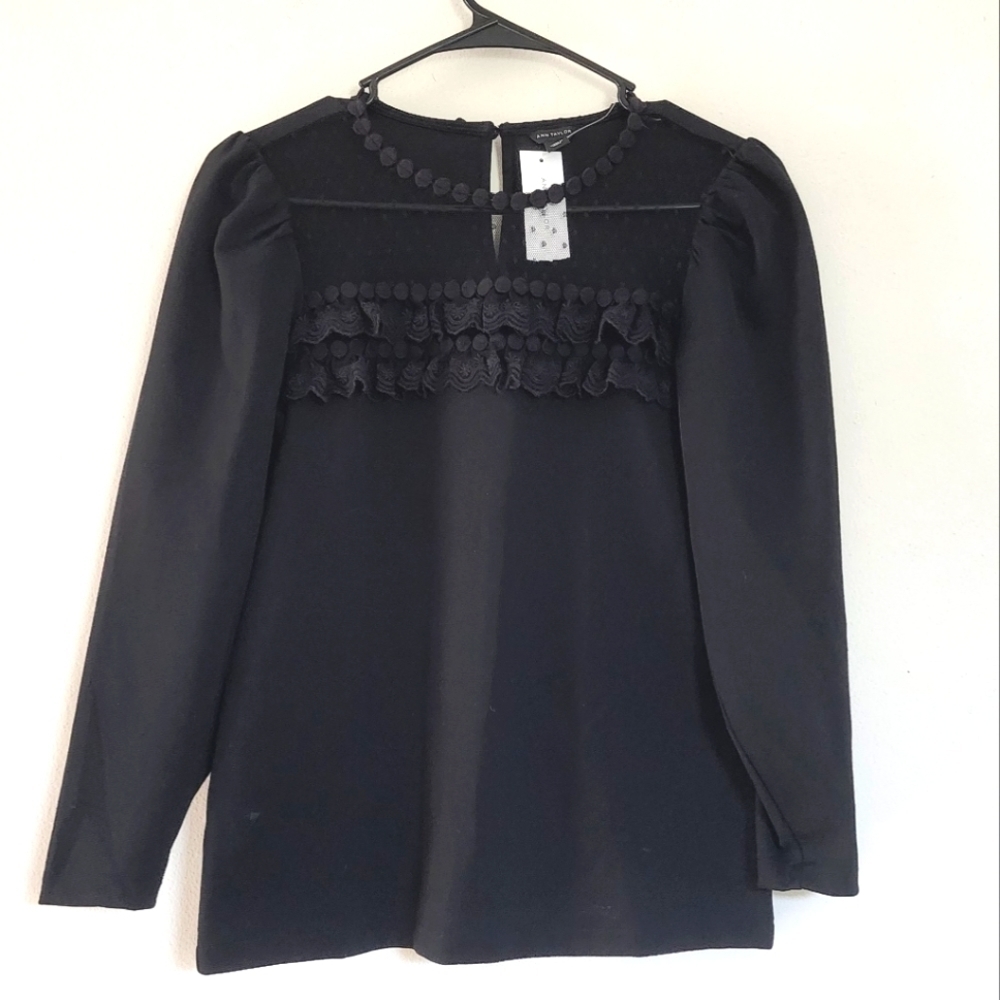Ann Taylor micro PomPom & mesh neck, long sleeve top size XS
